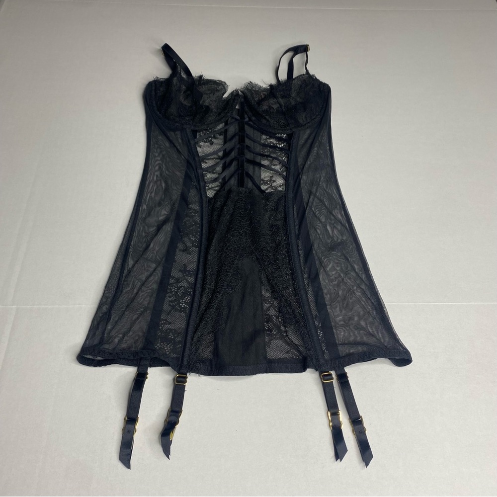 Victoria's Secret 34C Black Lace Sheer Full Caged Garter Corset NWT Y2K